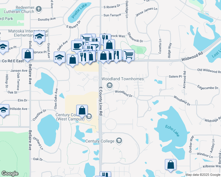 map of restaurants, bars, coffee shops, grocery stores, and more near 877 Woodland Court in Mahtomedi