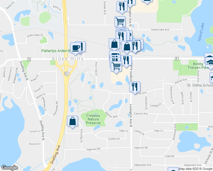 map of restaurants, bars, coffee shops, grocery stores, and more near 4 Pine Tree Drive in Arden Hills