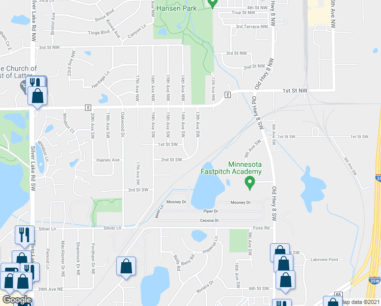 map of restaurants, bars, coffee shops, grocery stores, and more near 147 14th Avenue Southwest in New Brighton