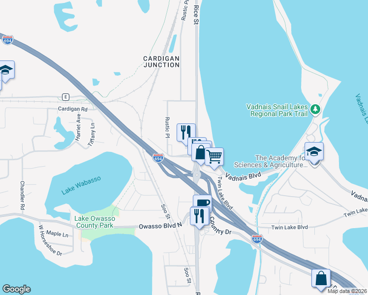 map of restaurants, bars, coffee shops, grocery stores, and more near 169 Grass Lake Place in Shoreview
