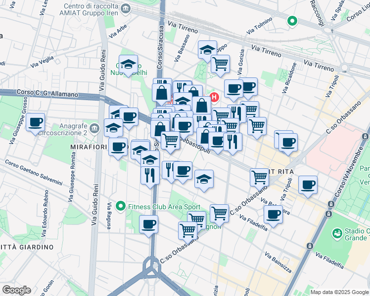 map of restaurants, bars, coffee shops, grocery stores, and more near 241 Corso Sebastopoli in Turin