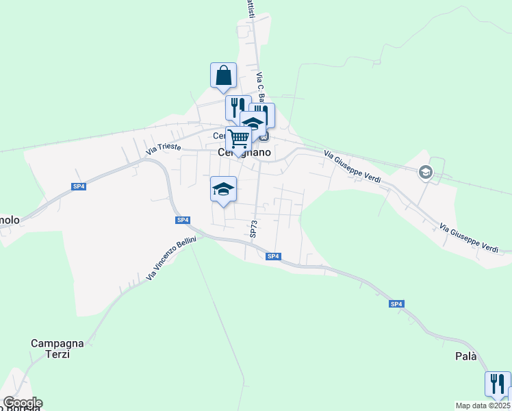 map of restaurants, bars, coffee shops, grocery stores, and more near 136 Via Roma in Ceregnano