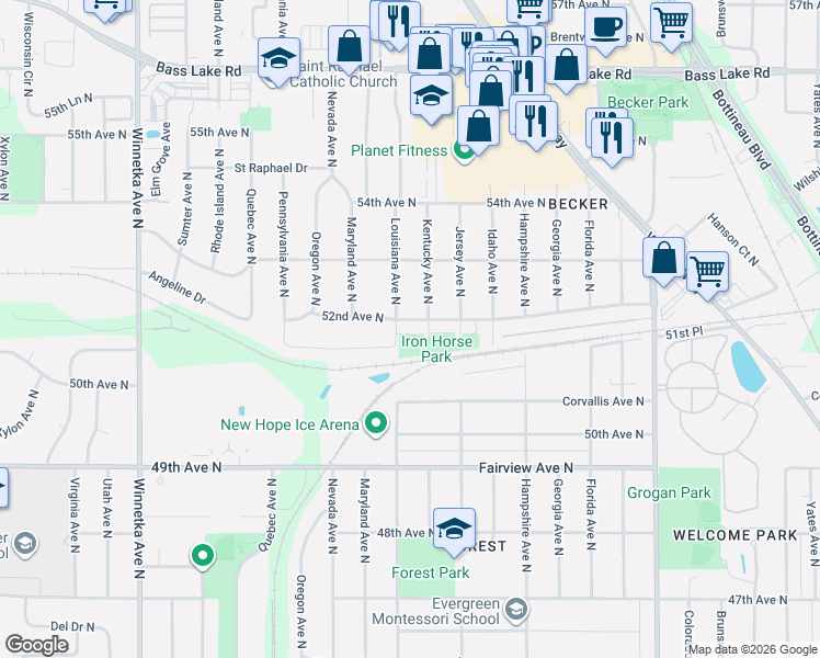 map of restaurants, bars, coffee shops, grocery stores, and more near 5205 Louisiana Avenue North in Minneapolis