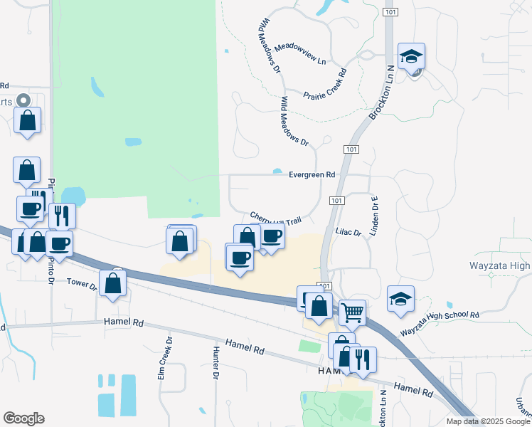map of restaurants, bars, coffee shops, grocery stores, and more near 290 Cherry Hill Trail in Medina