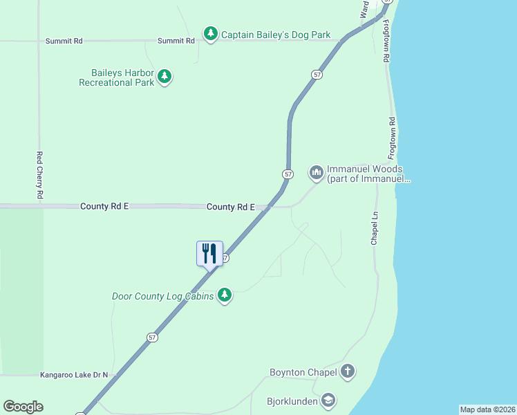 map of restaurants, bars, coffee shops, grocery stores, and more near 2511 County Road East in Baileys Harbor