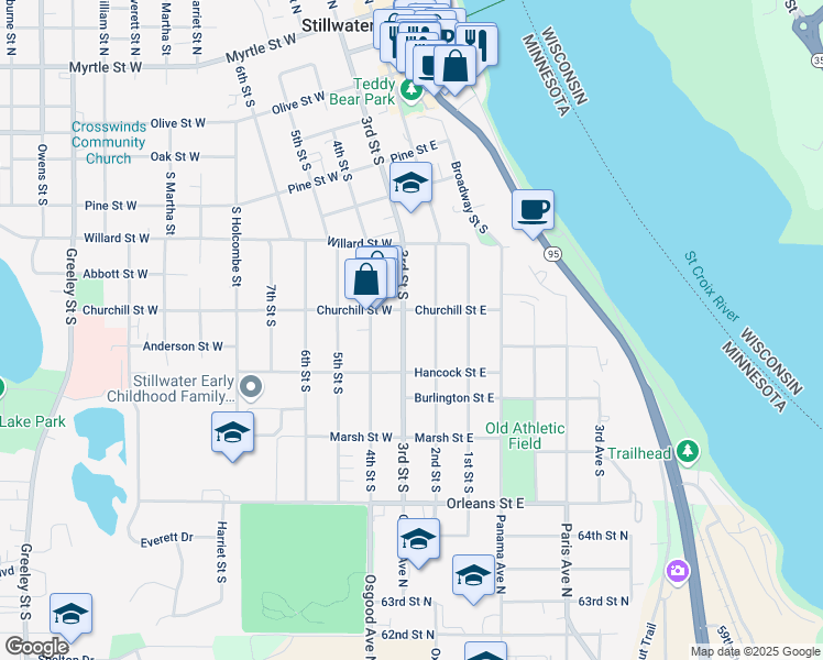 map of restaurants, bars, coffee shops, grocery stores, and more near 904 3rd Street South in Stillwater