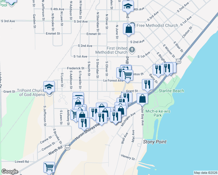 map of restaurants, bars, coffee shops, grocery stores, and more near 400-498 South Oliver Street in Alpena