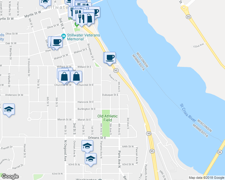 map of restaurants, bars, coffee shops, grocery stores, and more near 925 5th Avenue South in Stillwater