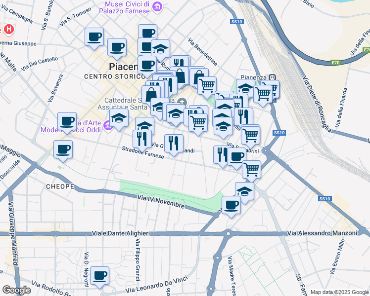 map of restaurants, bars, coffee shops, grocery stores, and more near 21 Vicolo Gandine in Piacenza