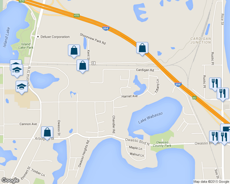 map of restaurants, bars, coffee shops, grocery stores, and more near 503 Harriet Avenue in Shoreview