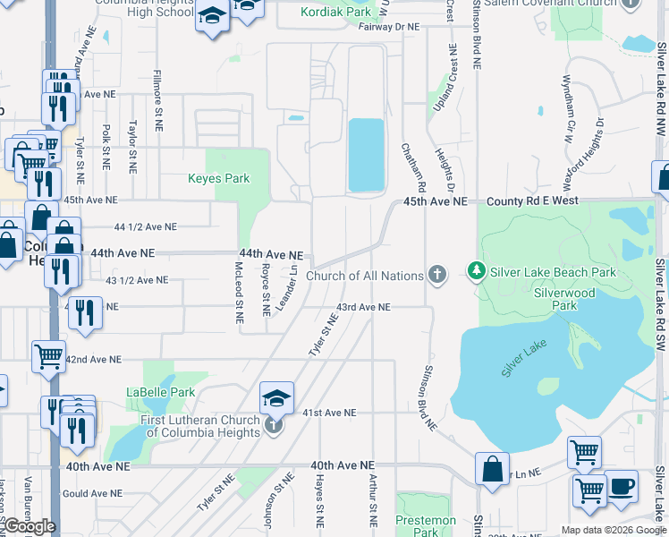 map of restaurants, bars, coffee shops, grocery stores, and more near 1819 44th Avenue Northeast in Minneapolis