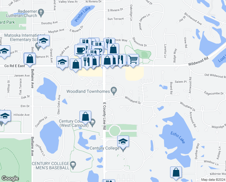 map of restaurants, bars, coffee shops, grocery stores, and more near 877 Woodland Court in Mahtomedi