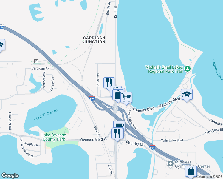 map of restaurants, bars, coffee shops, grocery stores, and more near 161 Grass Lake Place in Shoreview