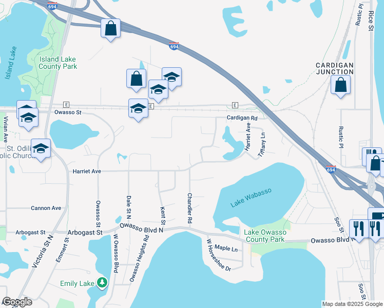 map of restaurants, bars, coffee shops, grocery stores, and more near 503 Harriet Avenue in Shoreview