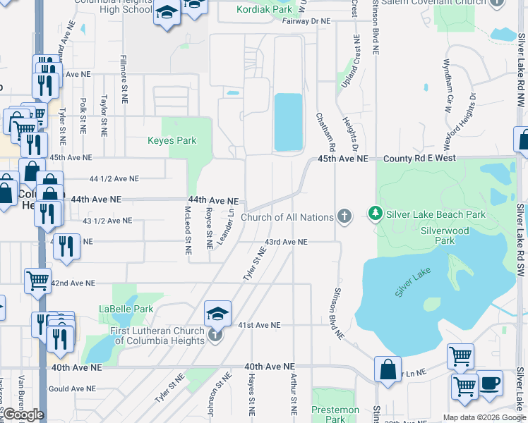 map of restaurants, bars, coffee shops, grocery stores, and more near 1819 44th Avenue Northeast in Minneapolis