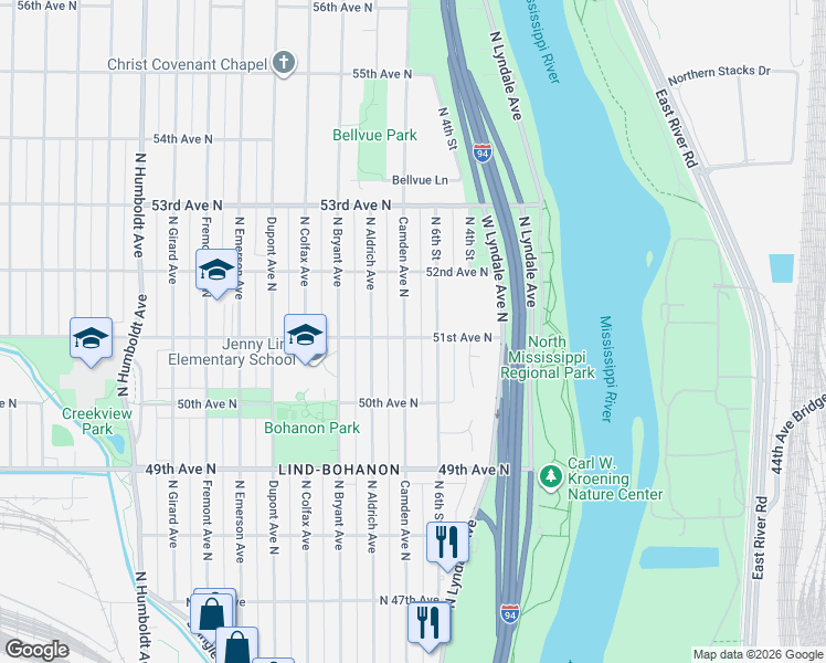 map of restaurants, bars, coffee shops, grocery stores, and more near 5115 North 6th Street in Minneapolis