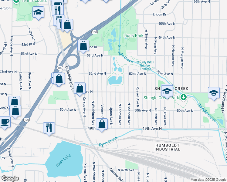map of restaurants, bars, coffee shops, grocery stores, and more near 2600 51st Avenue North in Minneapolis