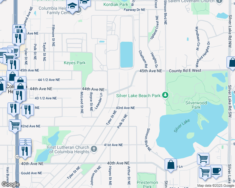 map of restaurants, bars, coffee shops, grocery stores, and more near 1819 44th Avenue Northeast in Minneapolis