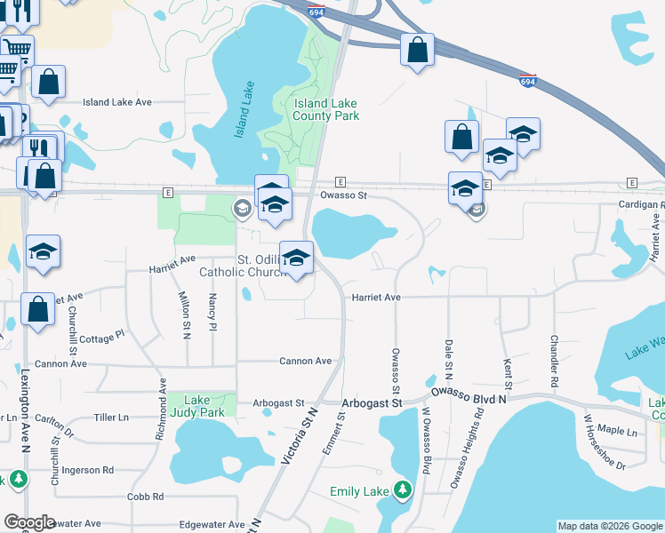 map of restaurants, bars, coffee shops, grocery stores, and more near 3530 Victoria Street North in Shoreview