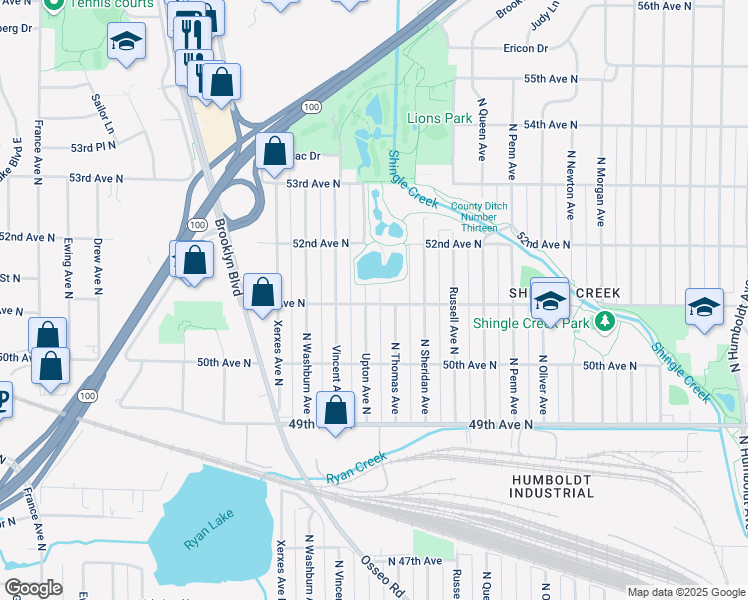 map of restaurants, bars, coffee shops, grocery stores, and more near 2600 51st Avenue North in Minneapolis
