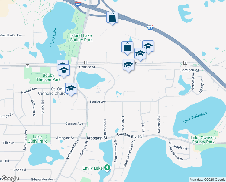 map of restaurants, bars, coffee shops, grocery stores, and more near 3529 Owasso Street in Shoreview