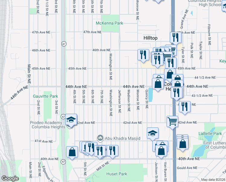 map of restaurants, bars, coffee shops, grocery stores, and more near 4352 Washington Street Northeast in Minneapolis