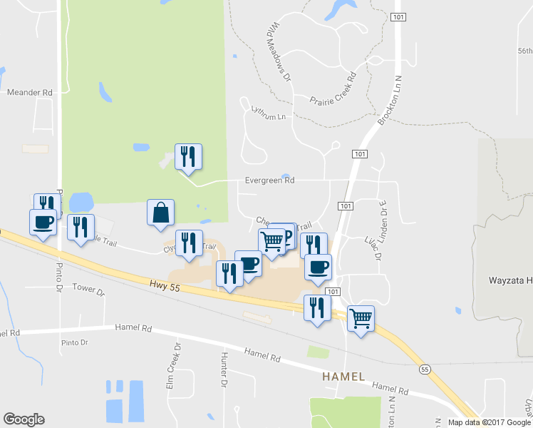 map of restaurants, bars, coffee shops, grocery stores, and more near 290 Cherry Hill Trail in Medina
