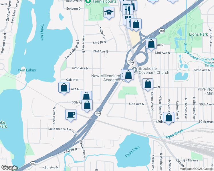 map of restaurants, bars, coffee shops, grocery stores, and more near 3433 53rd Avenue North in Brooklyn Center