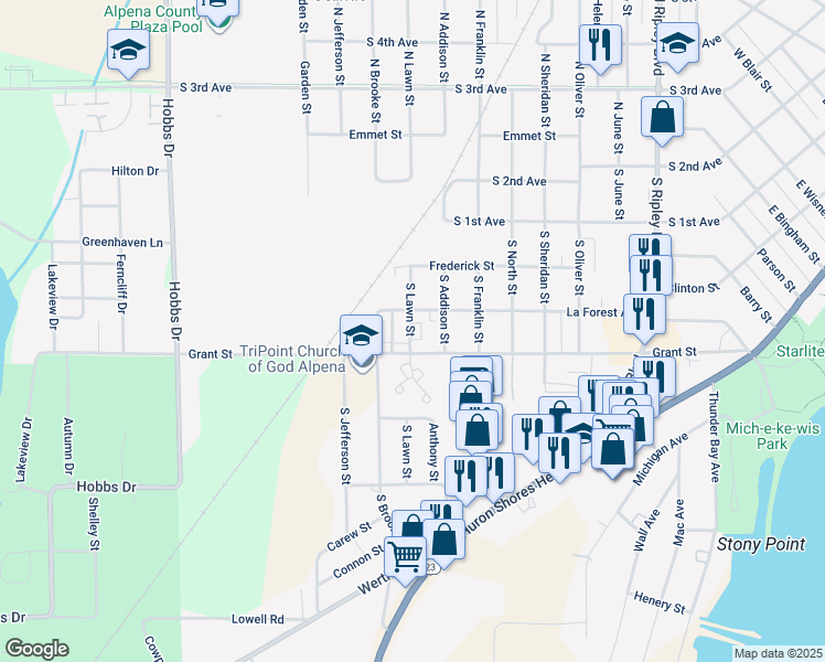 map of restaurants, bars, coffee shops, grocery stores, and more near 401-441 South Lawn Street in Alpena