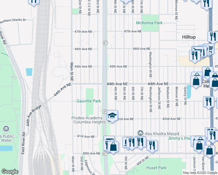 map of restaurants, bars, coffee shops, grocery stores, and more near 320 44th Avenue Northeast in Minneapolis