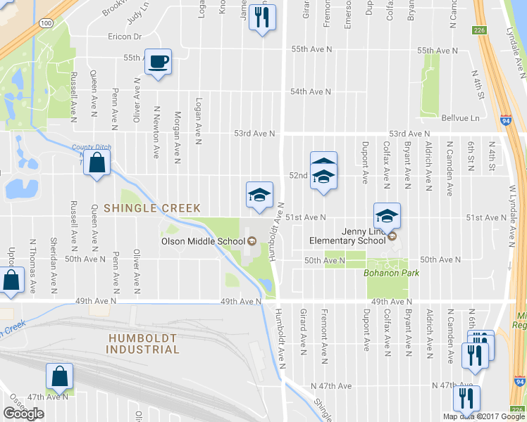 map of restaurants, bars, coffee shops, grocery stores, and more near 5114 North Irving Avenue in Minneapolis
