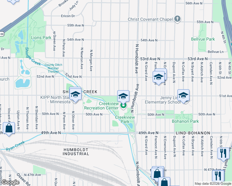 map of restaurants, bars, coffee shops, grocery stores, and more near 5114 James Avenue North in Minneapolis