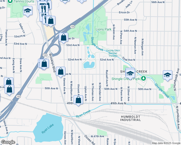 map of restaurants, bars, coffee shops, grocery stores, and more near 2600 51st Avenue North in Minneapolis