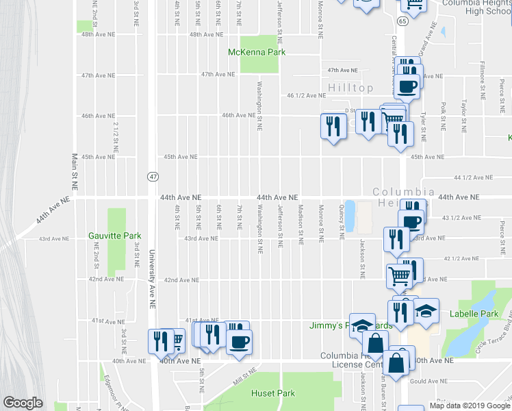map of restaurants, bars, coffee shops, grocery stores, and more near 4352 Washington Street Northeast in Minneapolis
