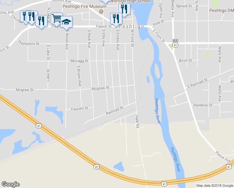 map of restaurants, bars, coffee shops, grocery stores, and more near 427 South Emery Avenue in Peshtigo