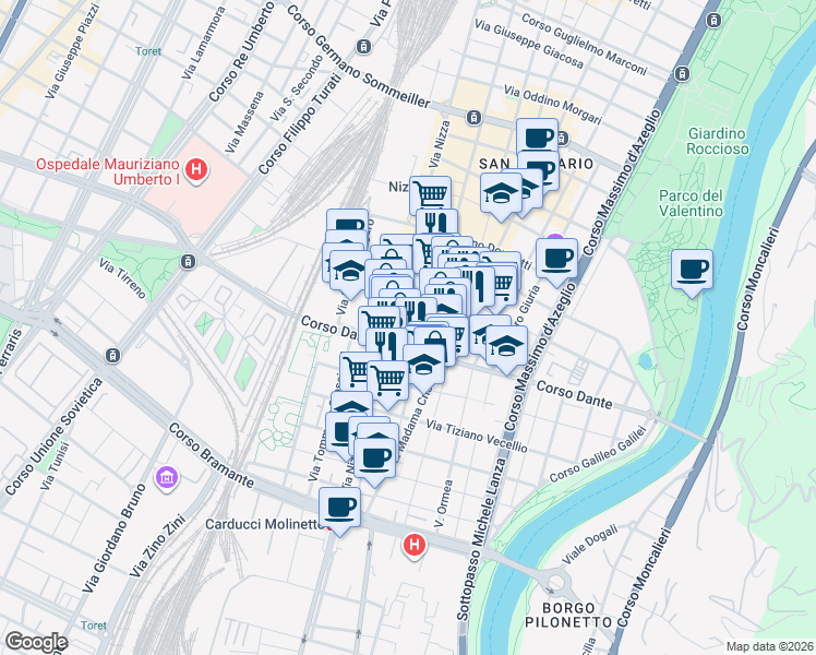 map of restaurants, bars, coffee shops, grocery stores, and more near 6c Via Ugo Foscolo in Torino