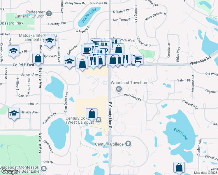 map of restaurants, bars, coffee shops, grocery stores, and more near 3525 Century Avenue North in White Bear Lake