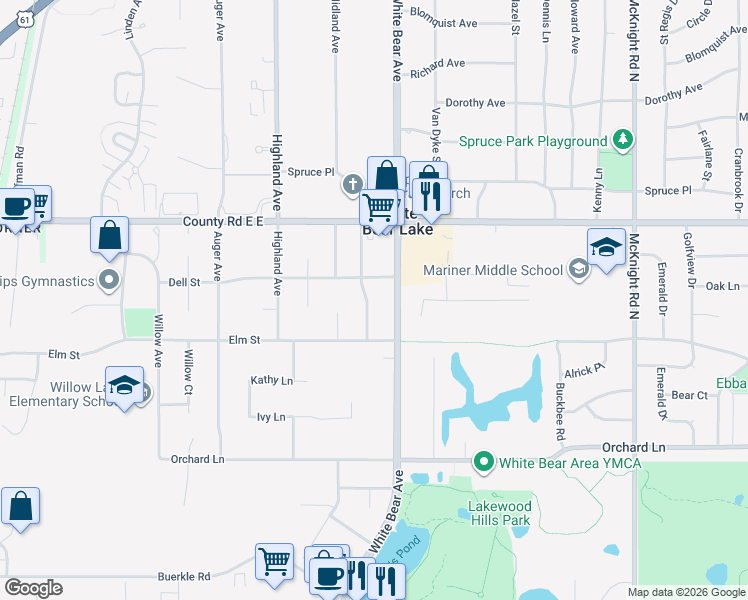 map of restaurants, bars, coffee shops, grocery stores, and more near 3532 Jerry Street in White Bear Lake