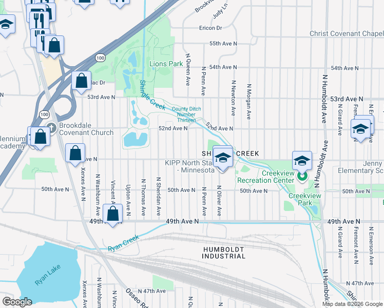 map of restaurants, bars, coffee shops, grocery stores, and more near 5114 North Queen Avenue in Minneapolis