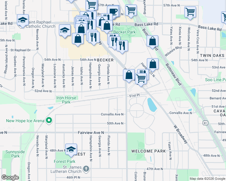 map of restaurants, bars, coffee shops, grocery stores, and more near 6333 52nd Avenue North in Minneapolis
