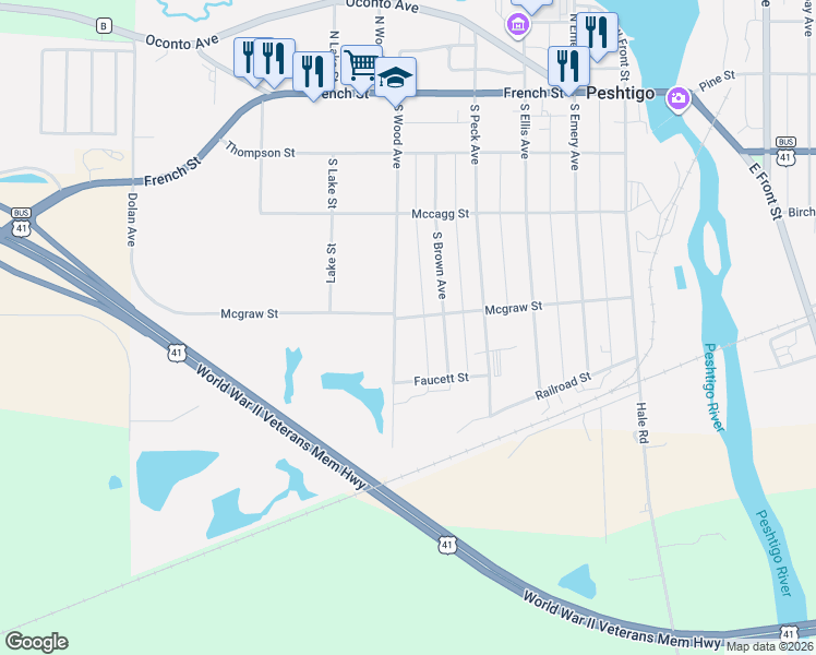 map of restaurants, bars, coffee shops, grocery stores, and more near 551 Mcgraw Street in Peshtigo