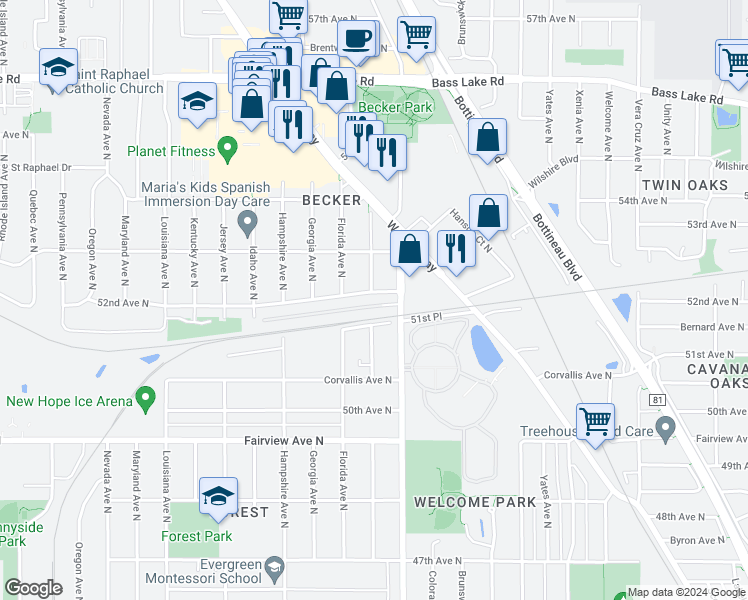 map of restaurants, bars, coffee shops, grocery stores, and more near 6333 52nd Avenue North in Minneapolis