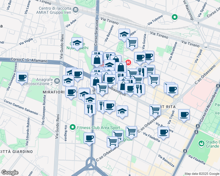 map of restaurants, bars, coffee shops, grocery stores, and more near 241 Corso Sebastopoli in Turin