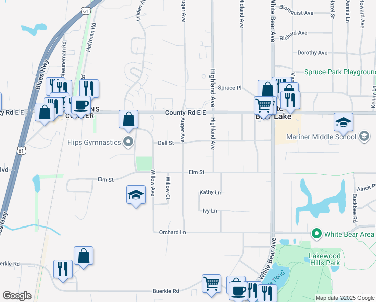 map of restaurants, bars, coffee shops, grocery stores, and more near 3522 Auger Avenue in White Bear Lake