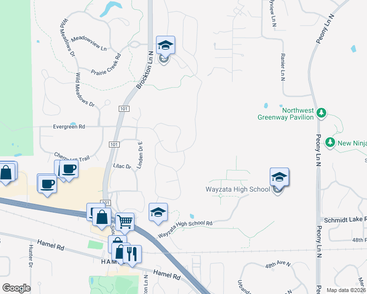 map of restaurants, bars, coffee shops, grocery stores, and more near 5145 Yellowstone Lane North in Plymouth