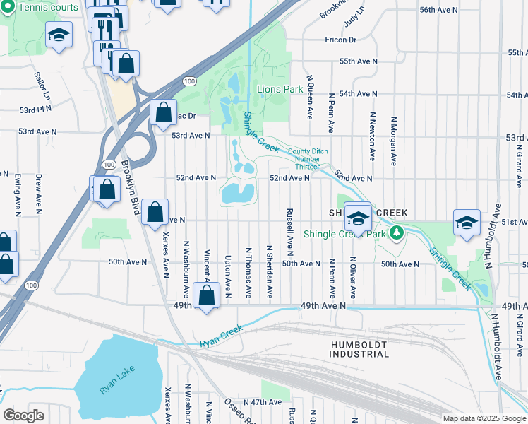 map of restaurants, bars, coffee shops, grocery stores, and more near 5109 North Sheridan Avenue in Minneapolis