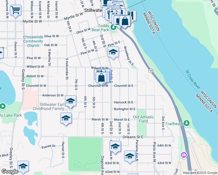 map of restaurants, bars, coffee shops, grocery stores, and more near 904 3rd Street South in Stillwater
