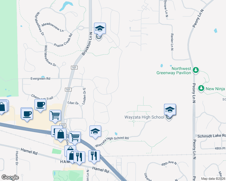 map of restaurants, bars, coffee shops, grocery stores, and more near 5145 Yellowstone Lane North in Plymouth