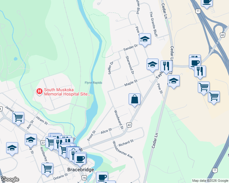 map of restaurants, bars, coffee shops, grocery stores, and more near 178 Maple Street in Bracebridge