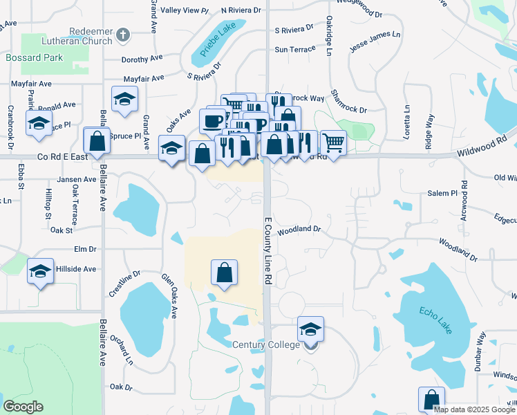 map of restaurants, bars, coffee shops, grocery stores, and more near 3525 Century Avenue North in White Bear Lake